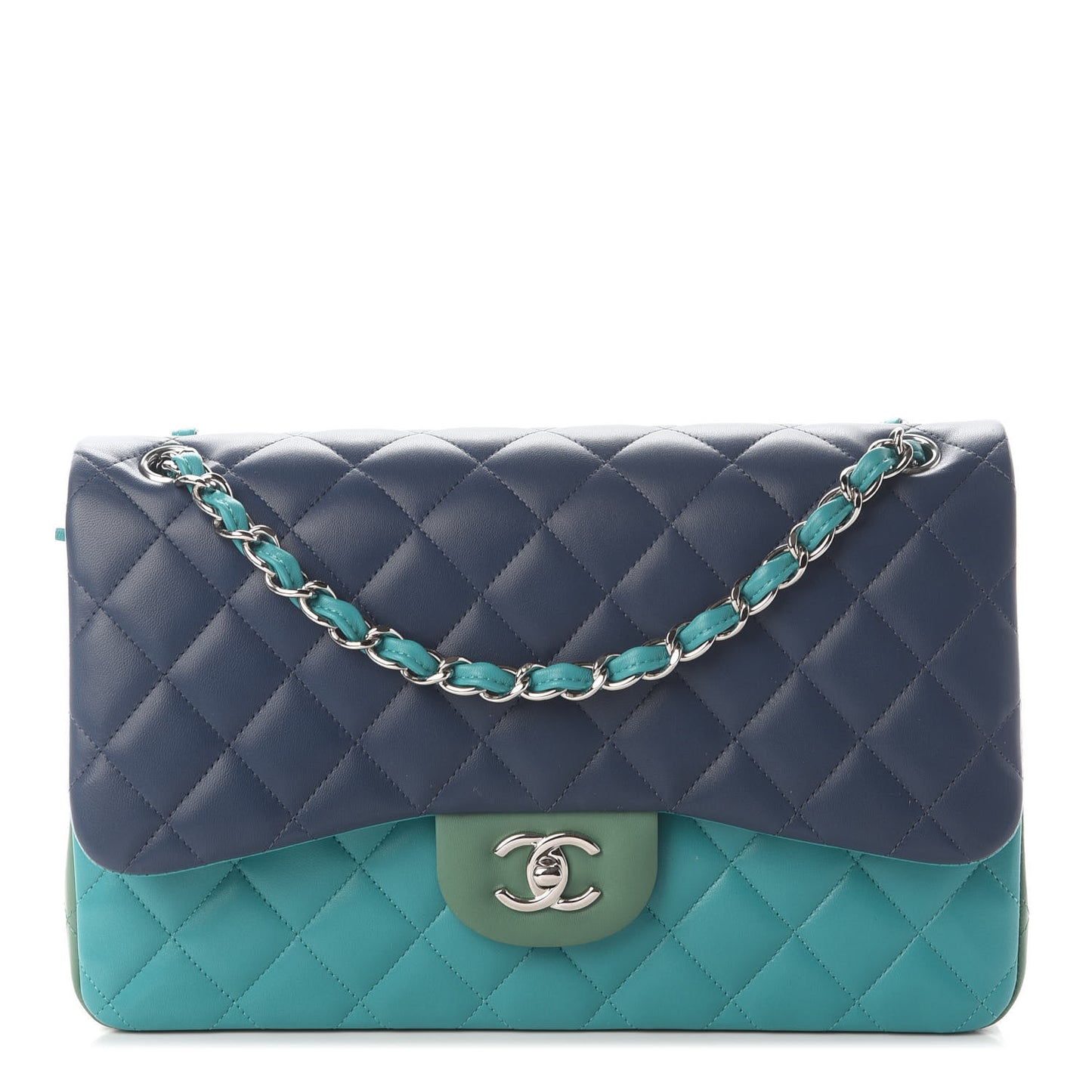 Lambskin Quilted Tri-Color Jumbo Double Flap Navy Blue Green