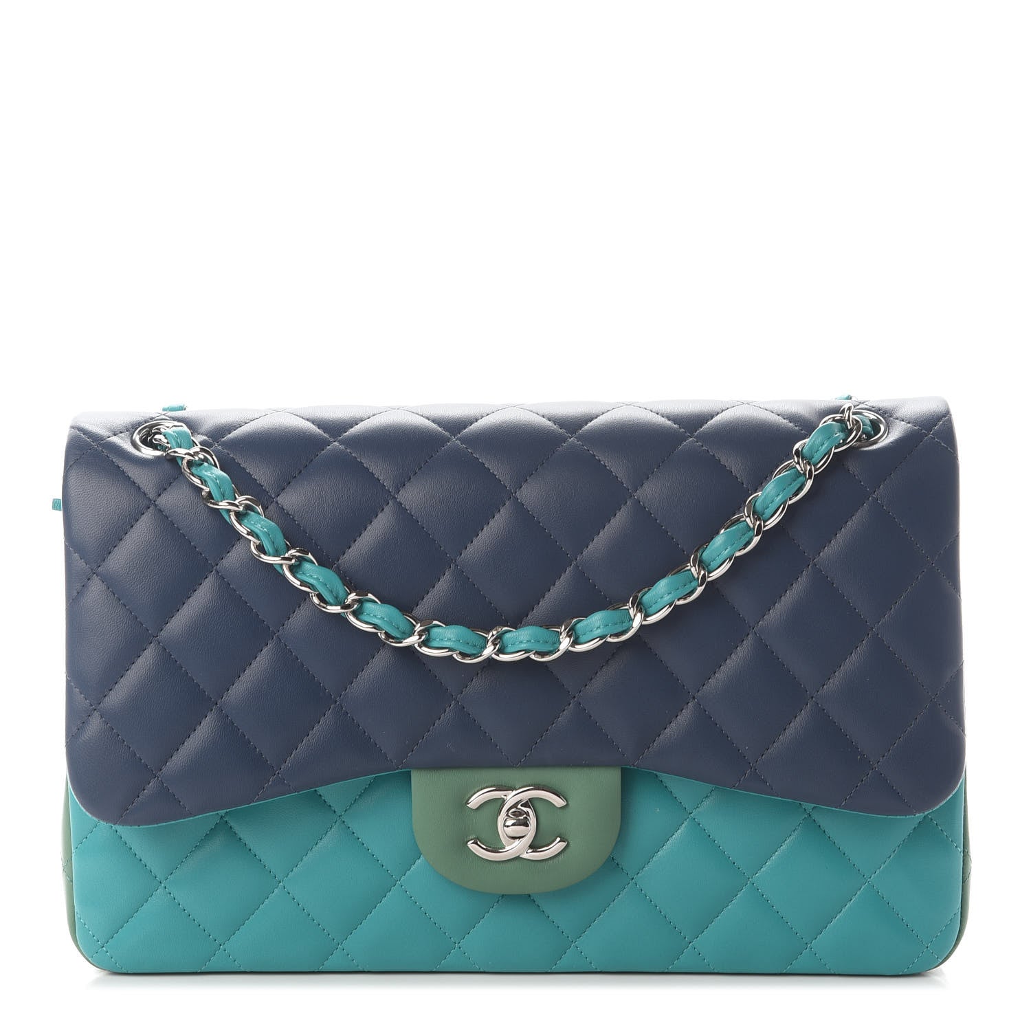 Chanel Lambskin Quilted Tri-Color Jumbo Double Flap Navy Blue Green 1 of 9