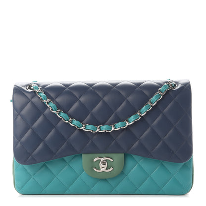 Chanel Lambskin Quilted Tri-Color Jumbo Double Flap Navy Blue Green 1 of 9