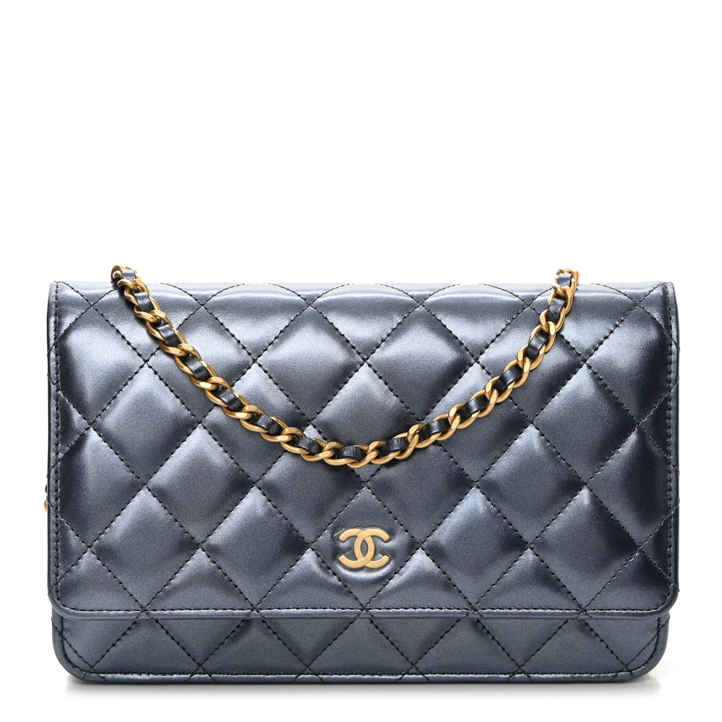 Metallic Lambskin Wallet On Chain WOC Dark Blue