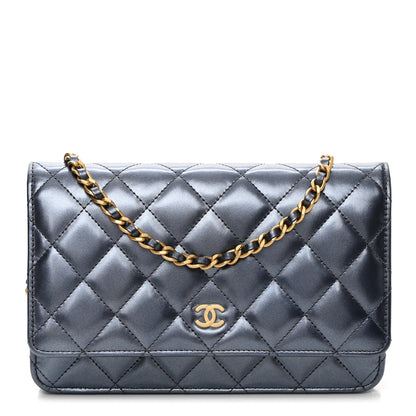 Chanel Metallic Lambskin Wallet On Chain WOC Dark Blue 1 of 11