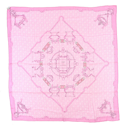 Hermes Chale Silk Mousseline Mors Et Gourmettes Remix Shawl 140 Rose Bonbon White 1 of 4