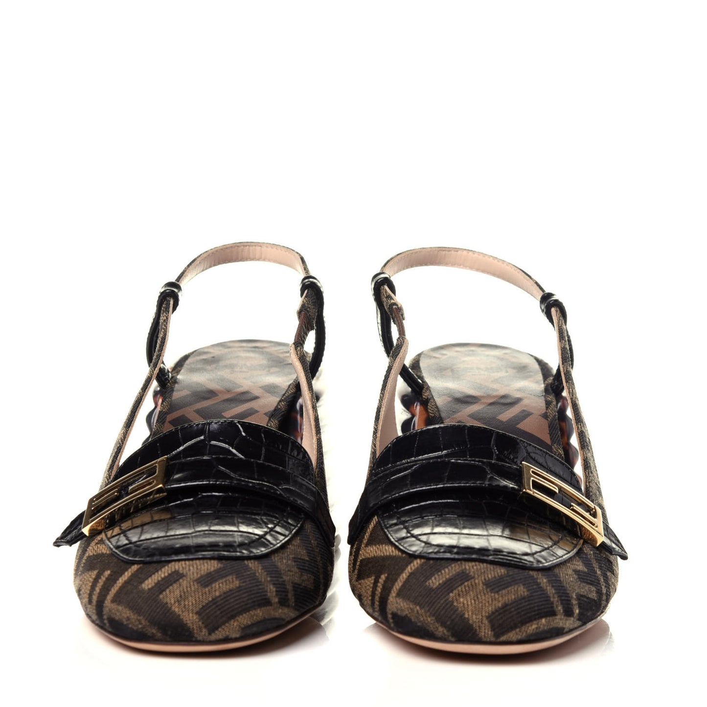 Jacquard Calfskin FF Tortoise Promenade Slingback Loafer Pumps 38 Tobacco