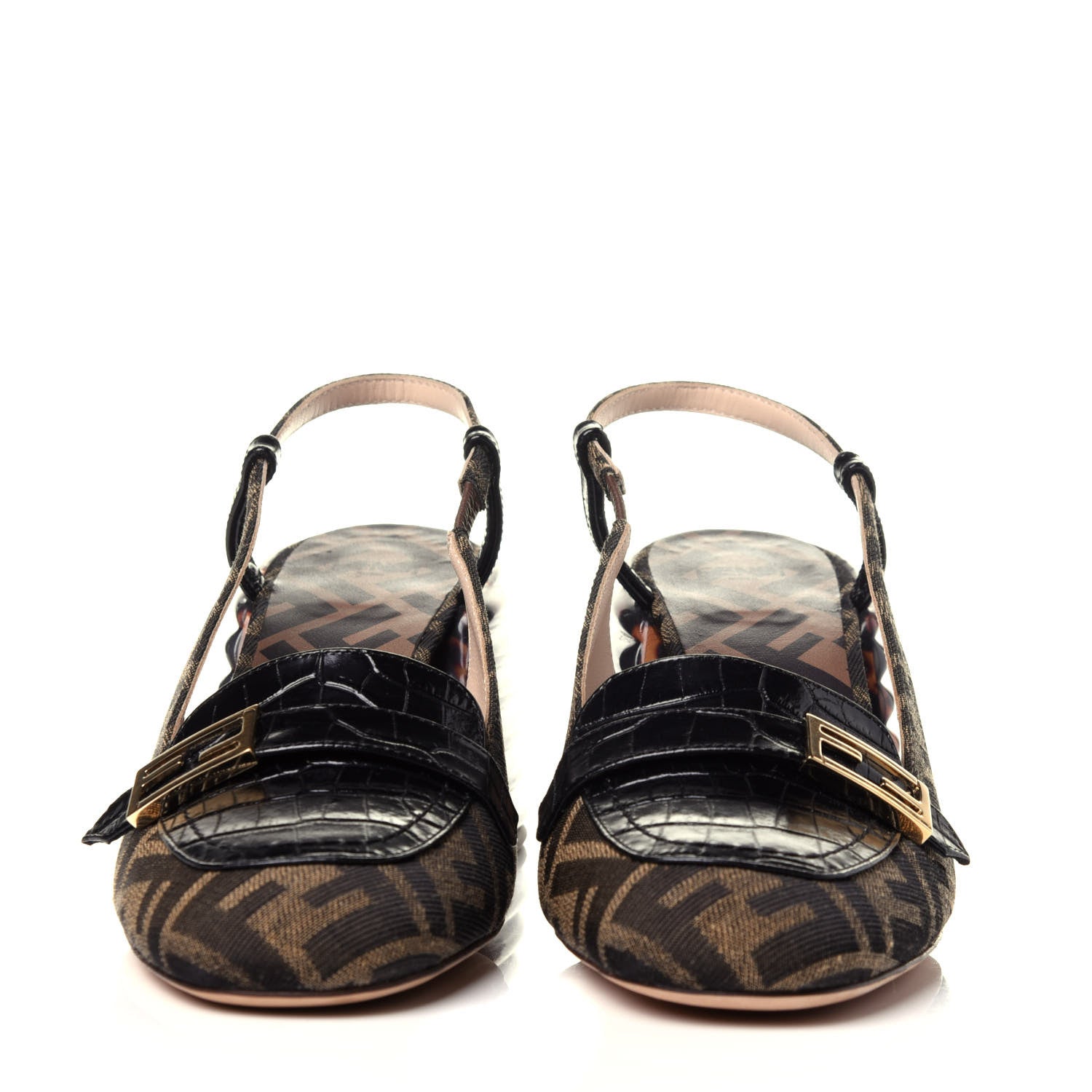 Fendi Jacquard Calfskin FF Tortoise Promenade Slingback Loafer Pumps 38 Tobacco 2 of 9