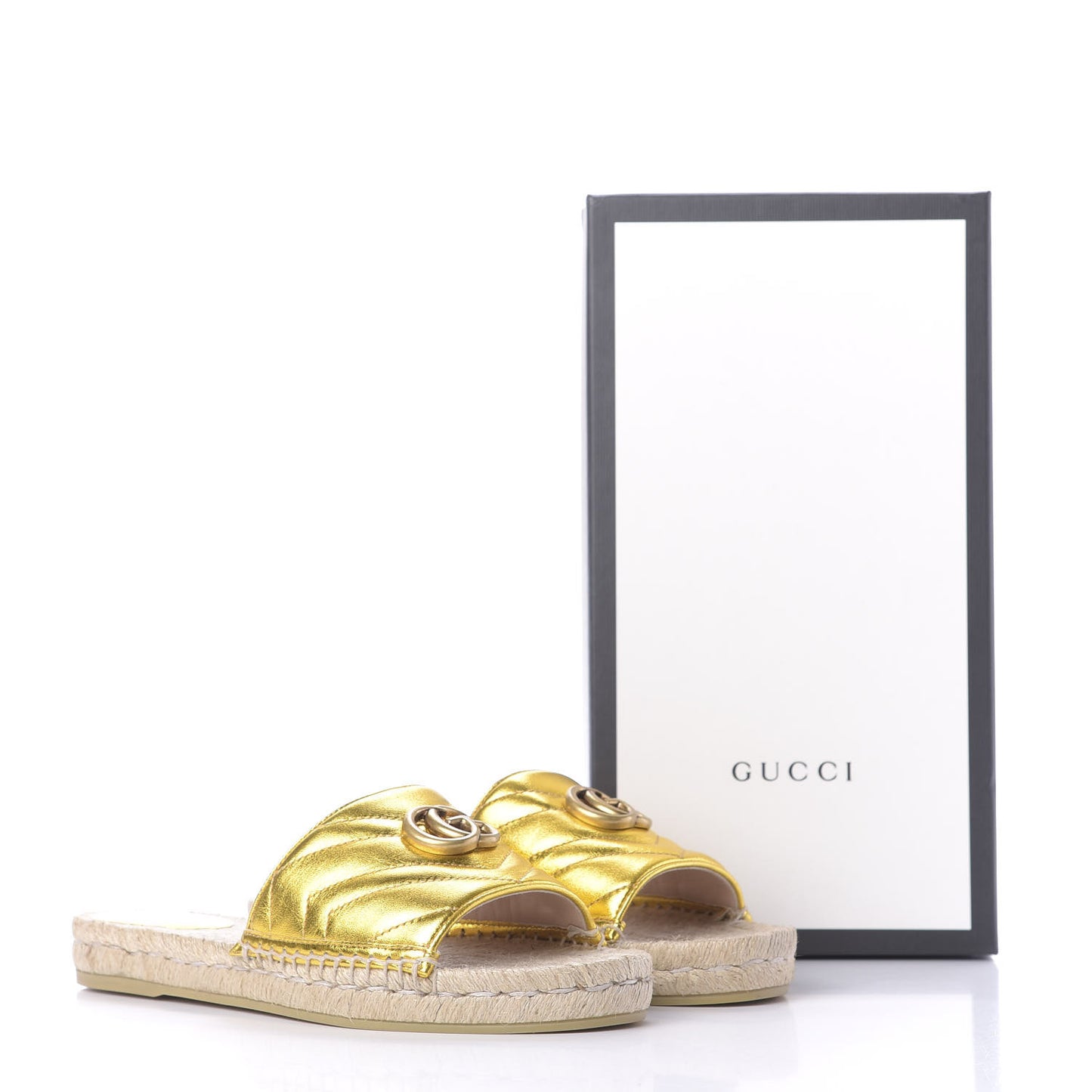 Metallic Nappa Matelasse GG Marmont Espadrille Slide Sandals 41 Oro