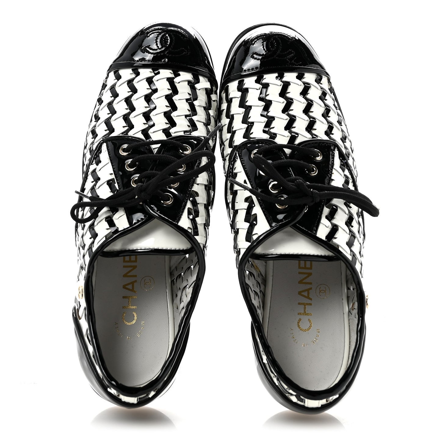 Lambskin Braided Patent CC Lace Up Oxfords 39 Black White
