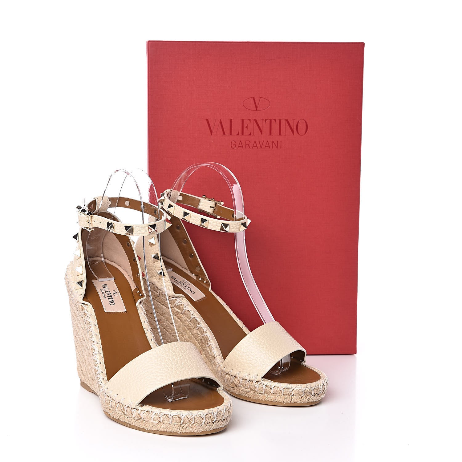 Valentino Garavani Grained Calfskin Rockstud Ankle Strap Espadrille 15/105mm Wedge Sandals 36 Light Ivory Natural 12 of 12