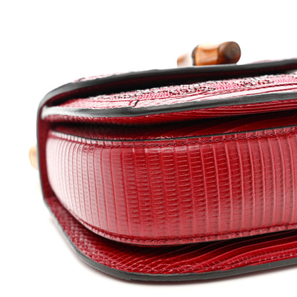 Gucci Moire Fabric Calfskin Rhinestone Monogram Monochrome Lizard Embossed Mini Bamboo 1947 Top Handle Chain Bag Red 9 of 10