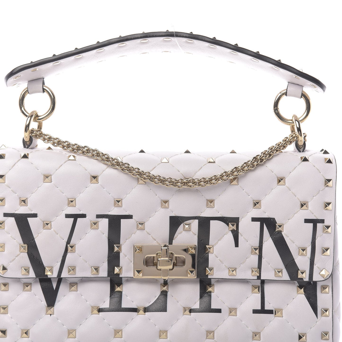 Lambskin VLTN Print Medium Rockstud Spike Shoulder Bag Optic White Black