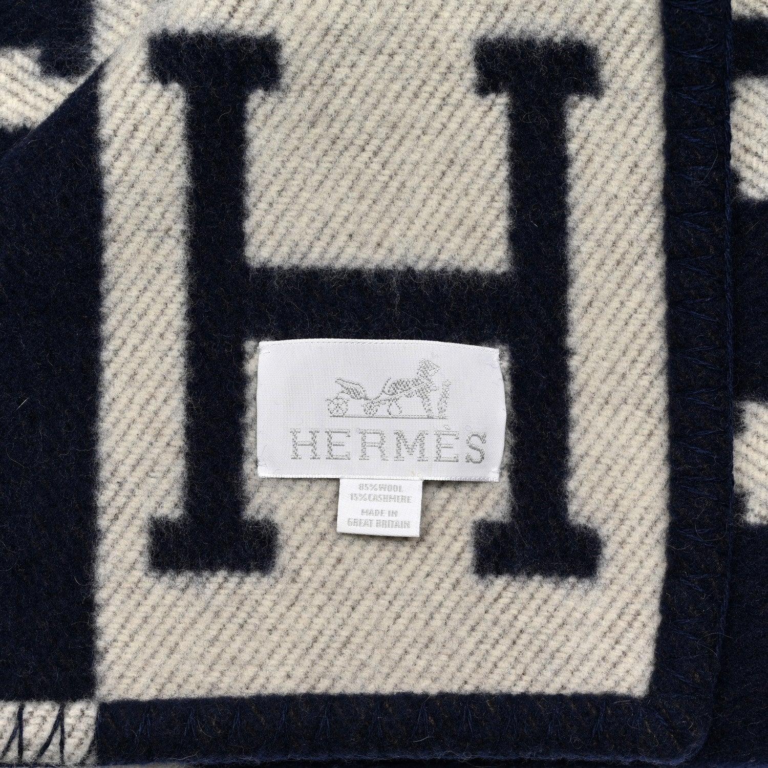 Hermes Wool Cashmere Avalon Blanket Ecru Navy 3 of 3