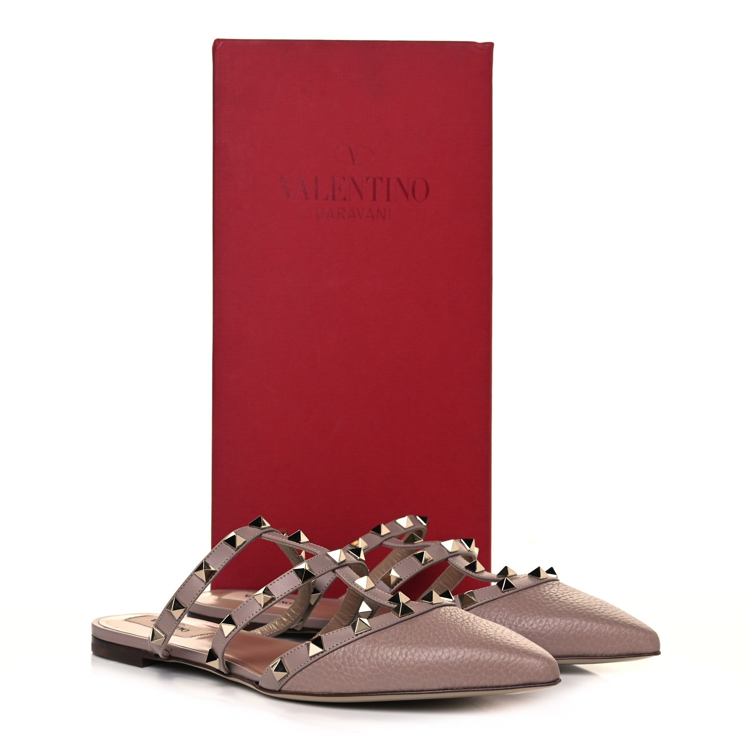 Valentino Garavani Pebbled Calfskin Rockstud Flat Cage Mules 39.5 Poudre 8 of 8