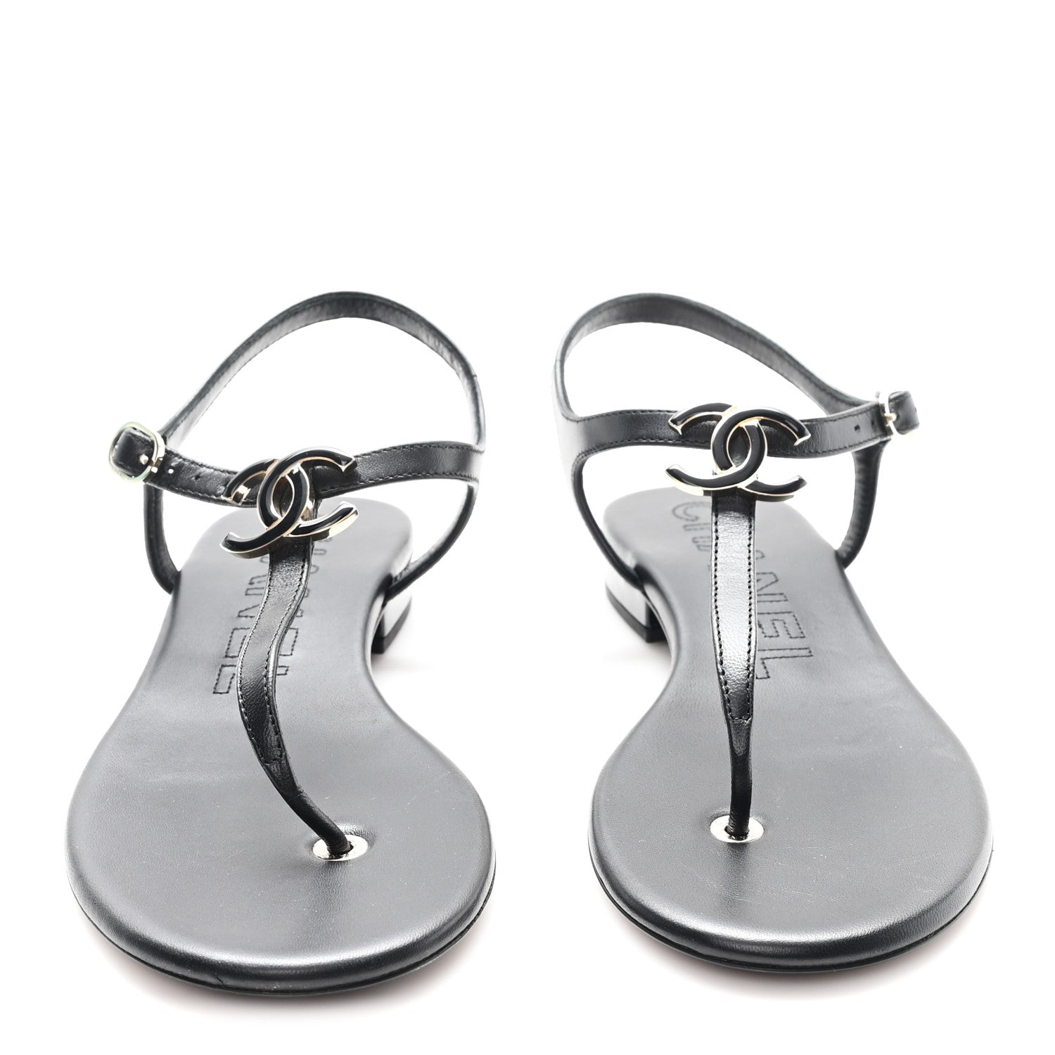 Chanel Lambskin Enamel CC Thong Sandals 38 Black 1795263