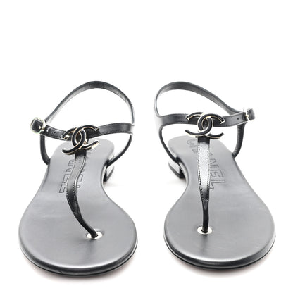 Chanel Lambskin Enamel CC Thong Sandals 38 Black 3 of 9