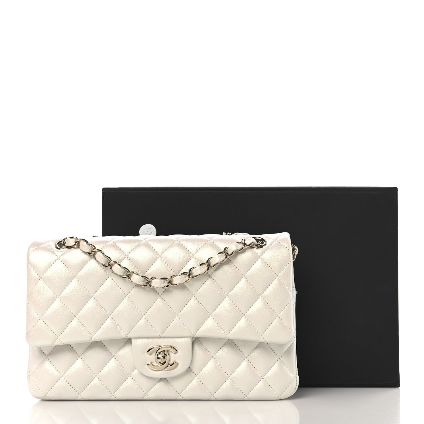Iridescent Calfskin Quilted Medium Double Flap White