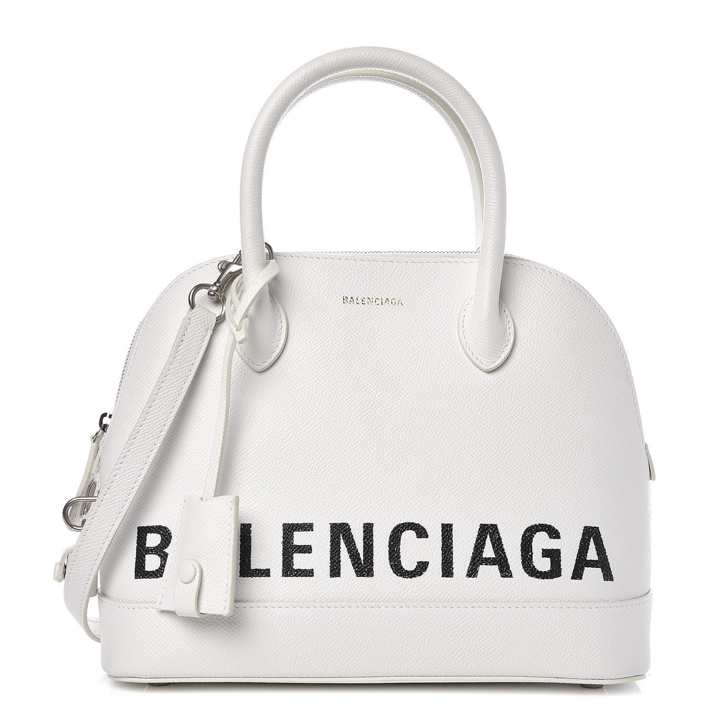 Signature Grained Calfskin Logo S Ville Top Handle Bag White