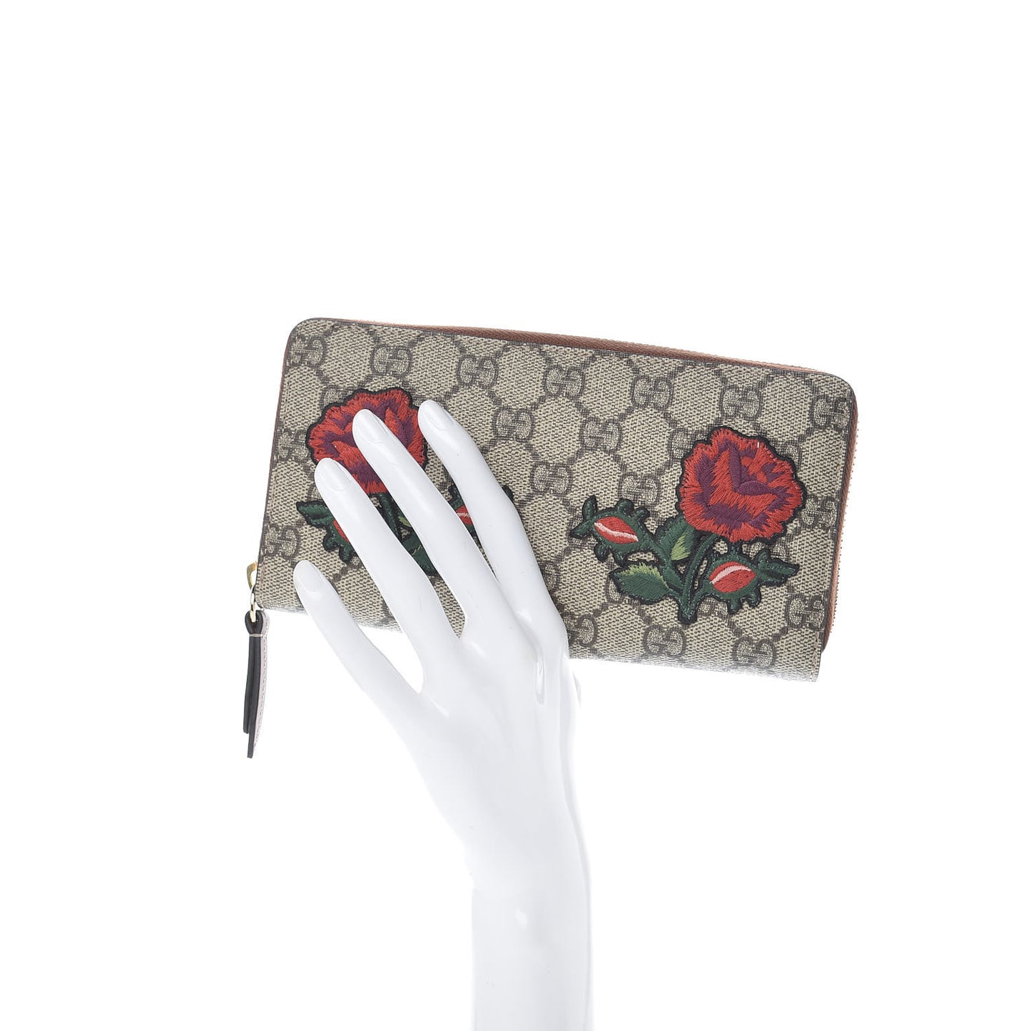 GG Supreme Monogram Embroidered Roses Zip Around Wallet Red