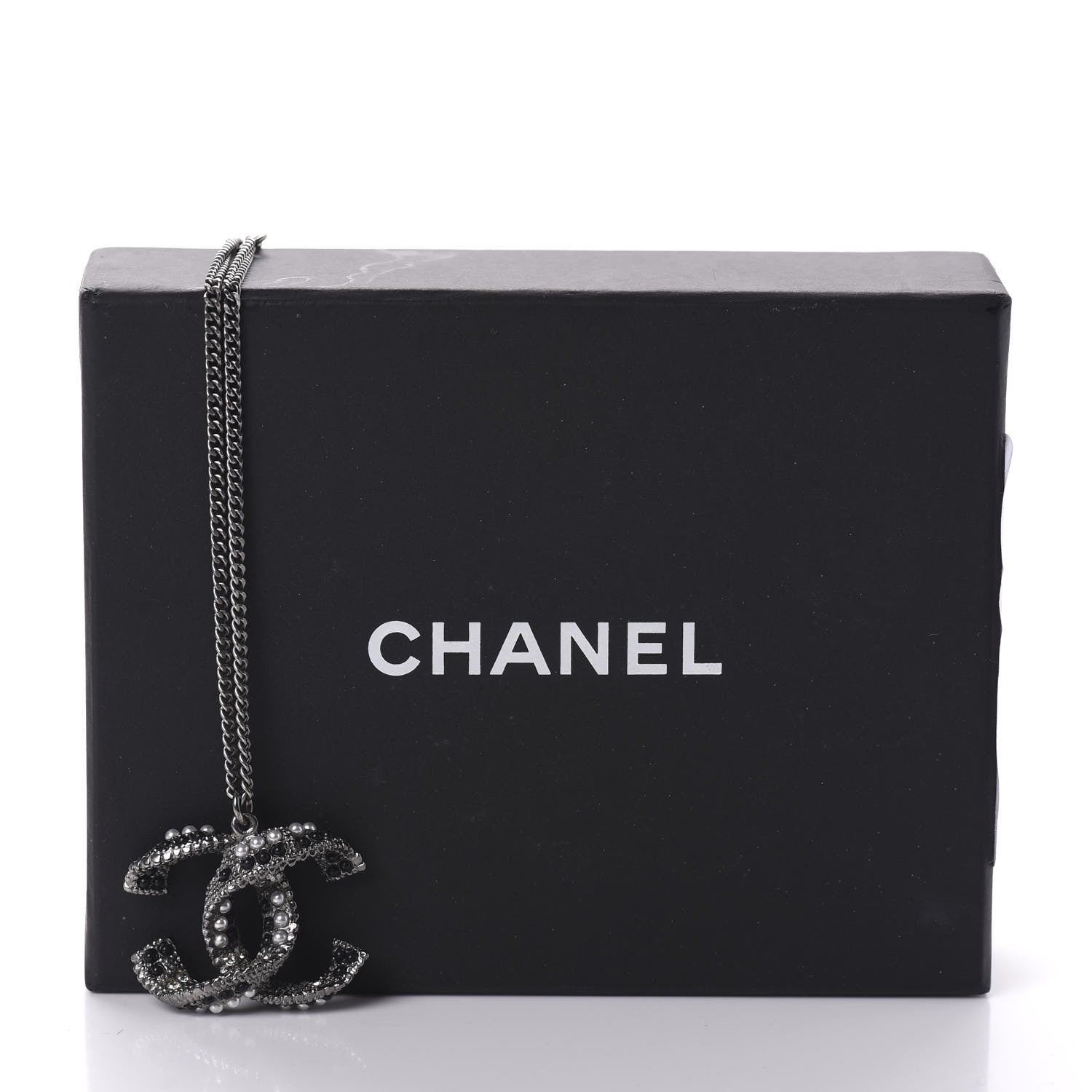Chanel Crystal Pearl Twisted CC Necklace Silver Black 6 of 6