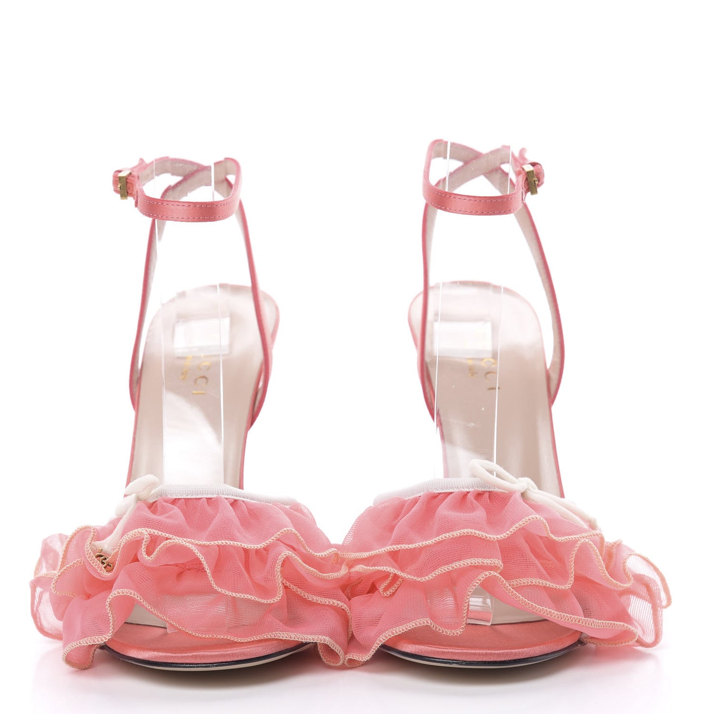 Tulle Ruffle High Heel Slingback Sandals 35.5 Peach White