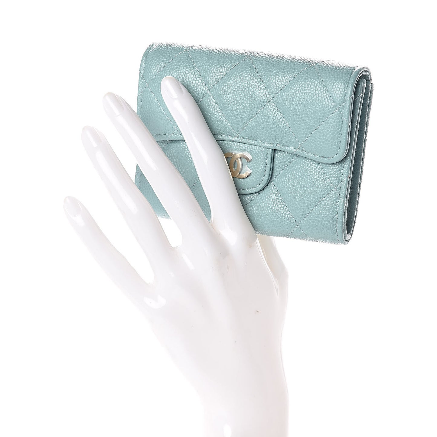 Caviar Quilted Flap Card Holder Wallet Light Blue
