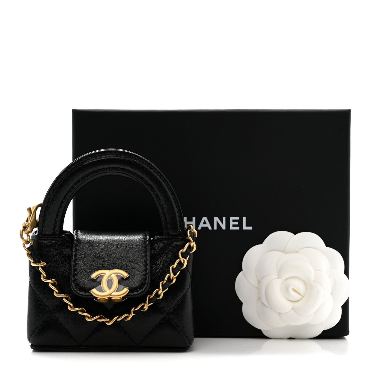 Shiny Lambskin Quilted Mini Kelly Bag Charm Black