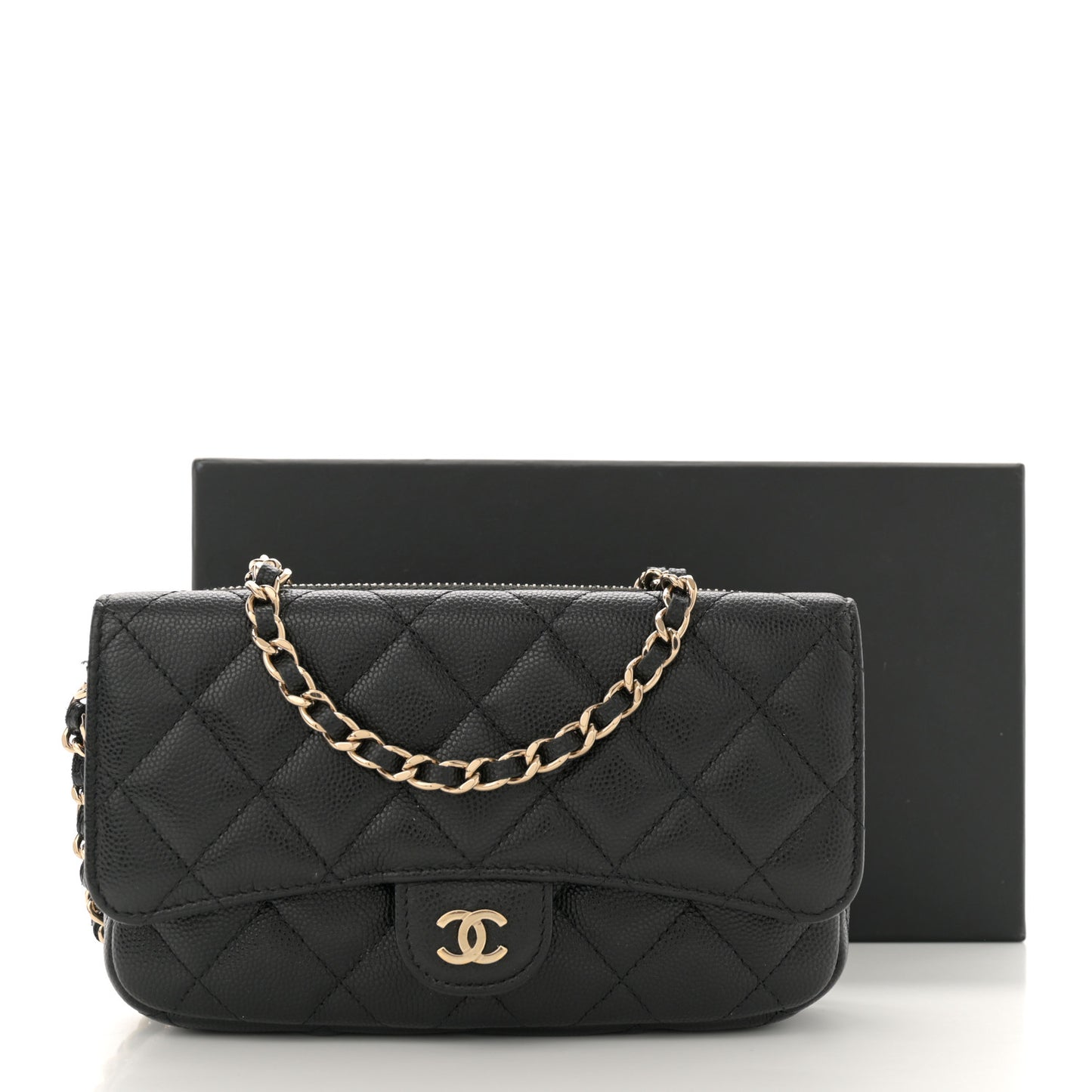 Caviar Quilted Flap Phone Holder With Chain Black