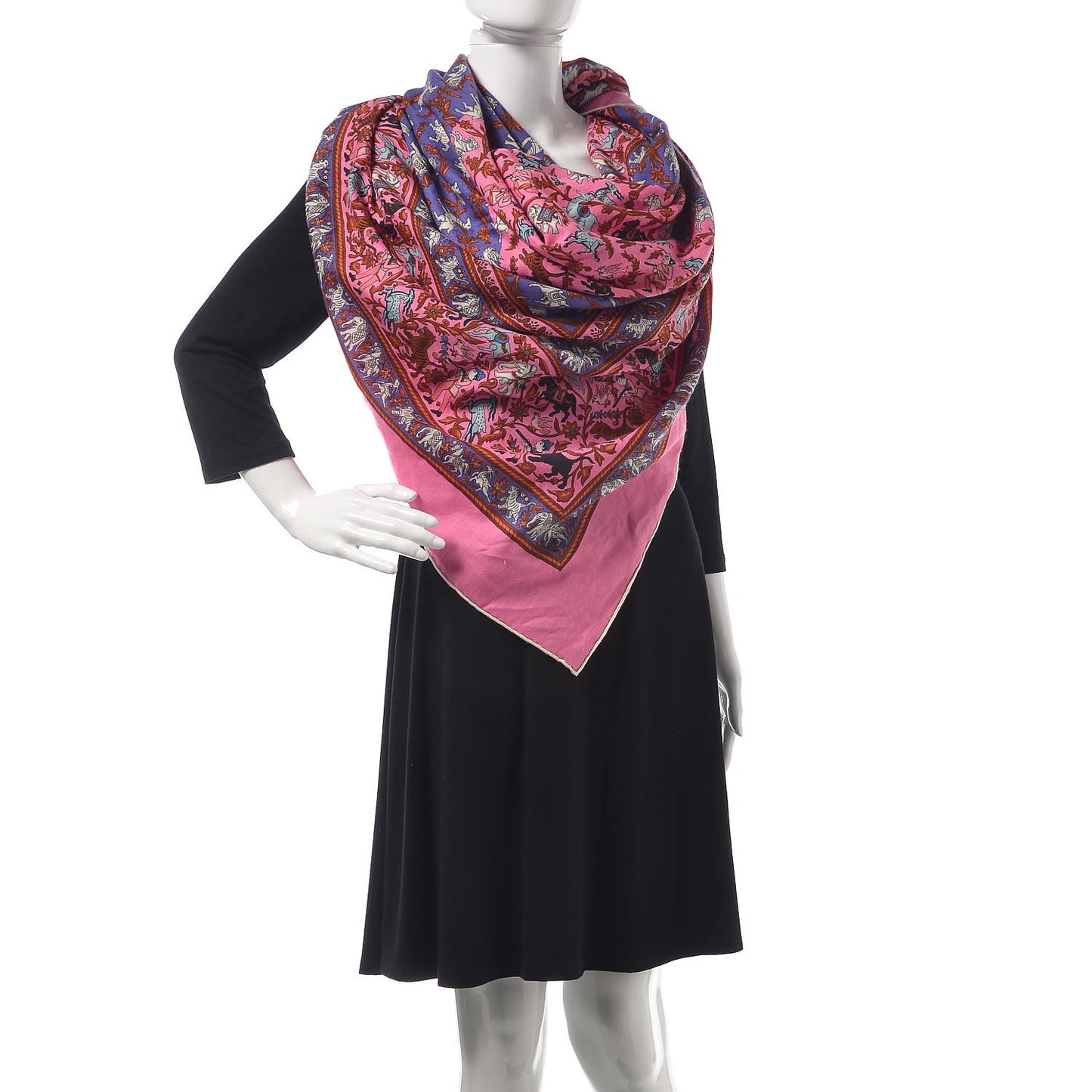Cashmere Silk Chasse En Inde Shawl 140 Rose Bonbon Lavende Gris