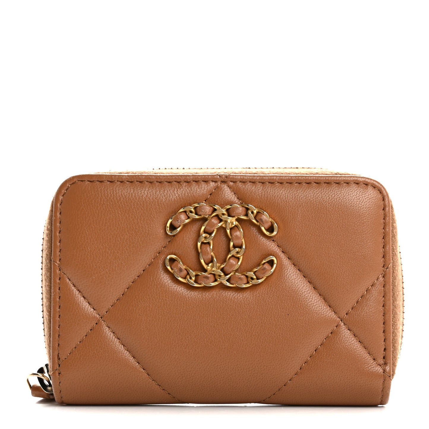 Lambskin Quilted Chanel 19 Zip Around Coin Purse Wallet Brown