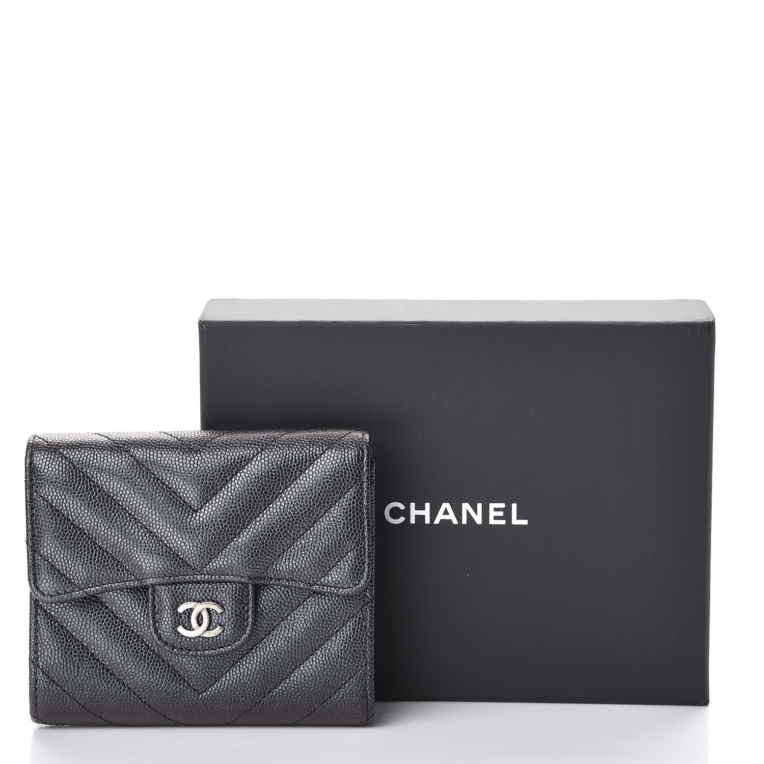 Chanel Iridescent Caviar Chevron Quilted Compact Flap Wallet Black 10 of 10