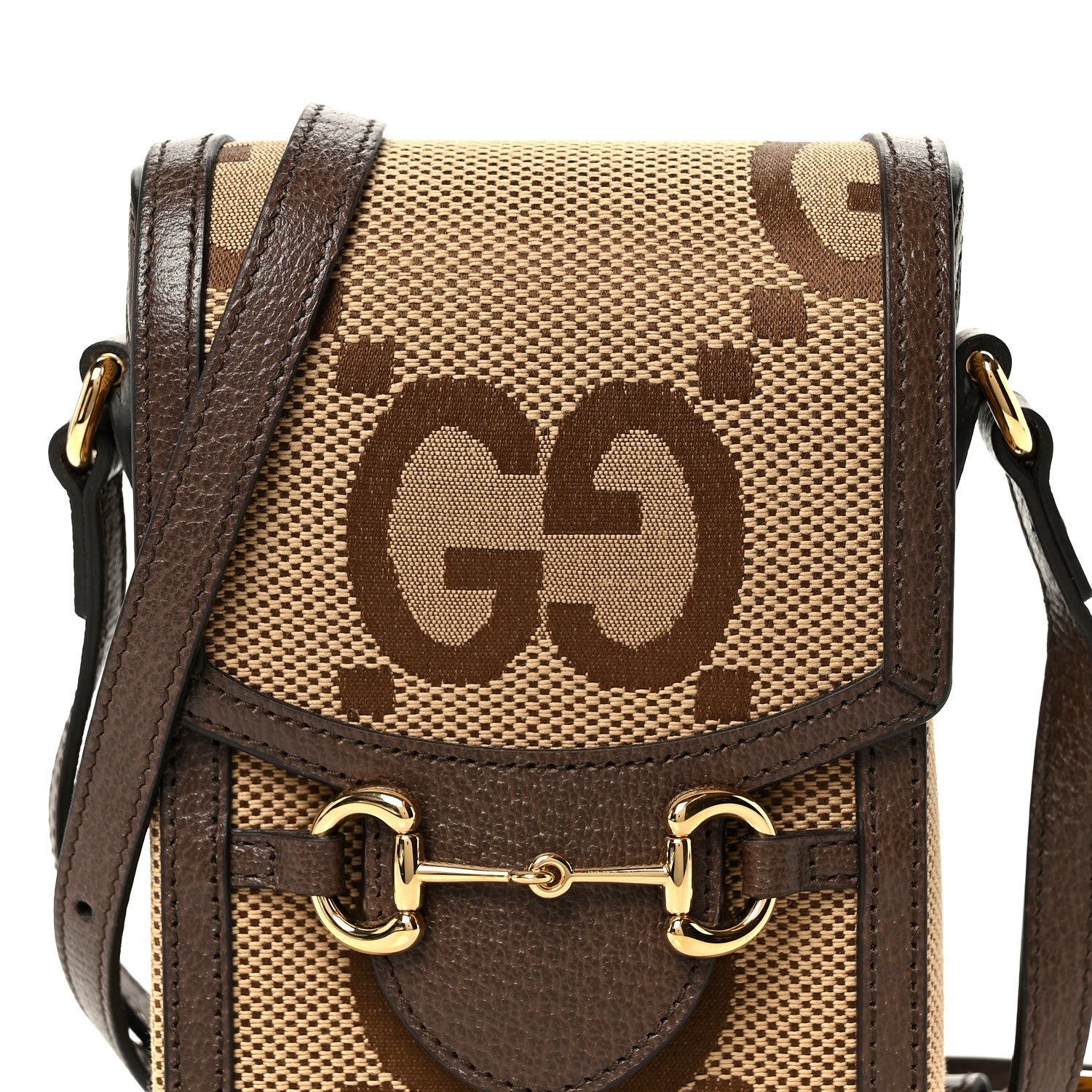 Gucci Monogram Jumbo GG Textured Dollar Calfskin Mini Horsebit 1955 Crossbody Bag Camel Ebony New Acero 8 of 11