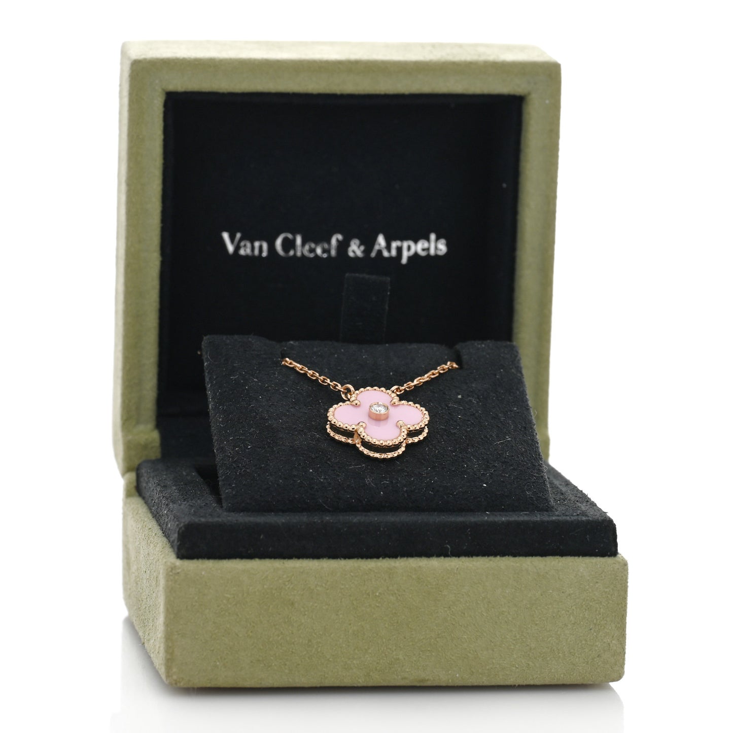 18K Rose Gold Diamond Pink Porcelain Vintage Alhambra Pendant Necklace