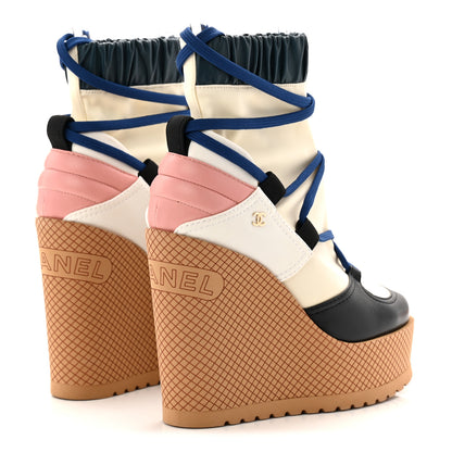 Chanel Fabric Lambskin Calfskin Runway Wedge Short Platform Boots 36 Blue White Pink 4 of 8