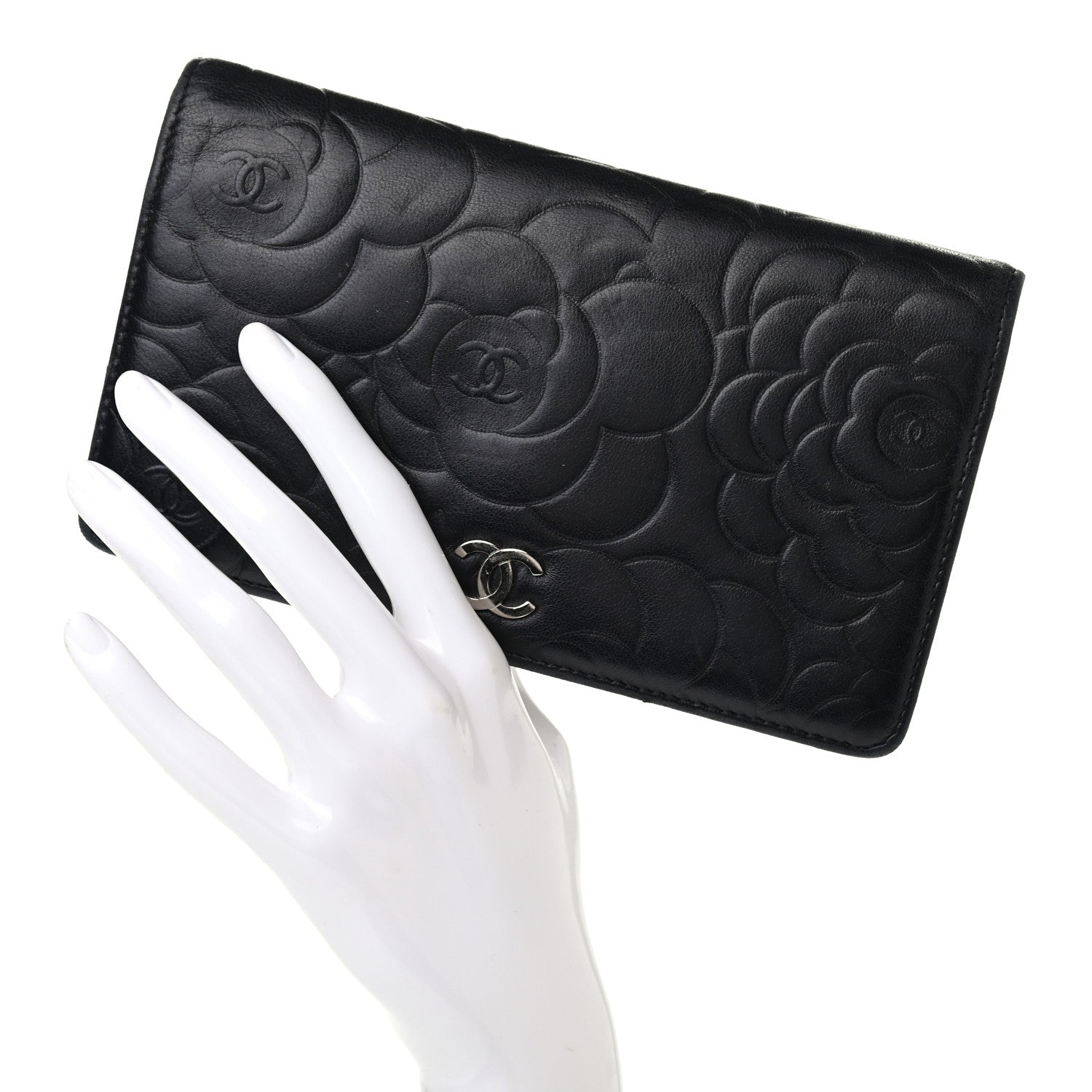 Chanel Lambskin Camellia Embossed Yen Wallet Black 4 of 16