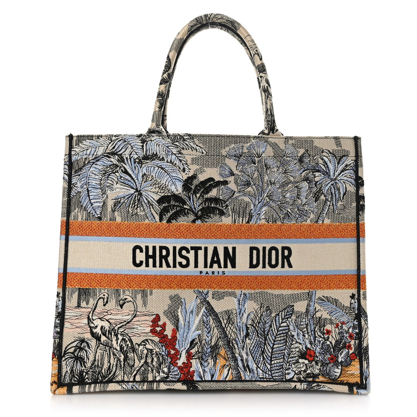 Canvas Embroidered Large Palm Tree Toile De Jouy Book Tote Multicolor