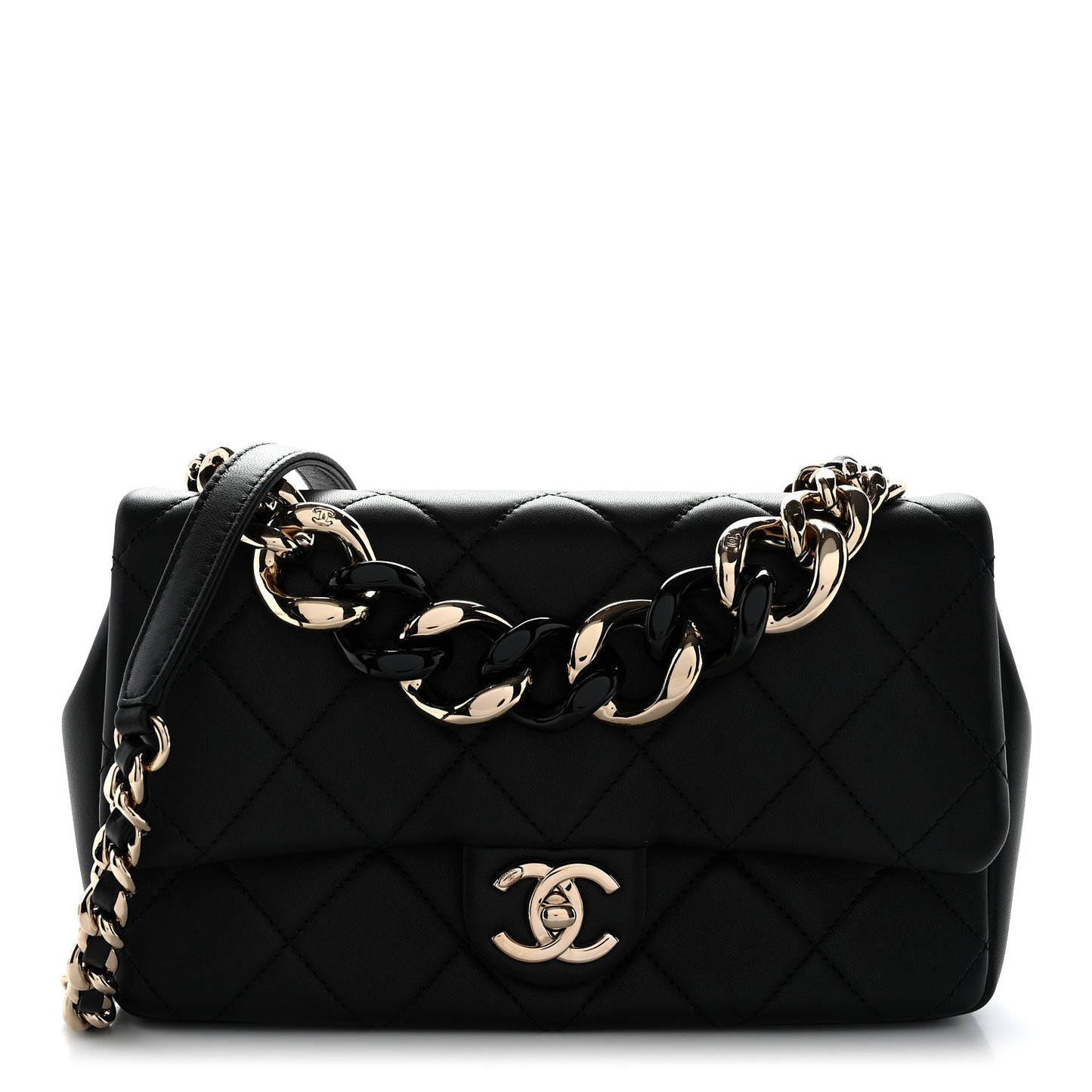 Lambskin Quilted Resin Bi-Color Chain Flap Bag Black