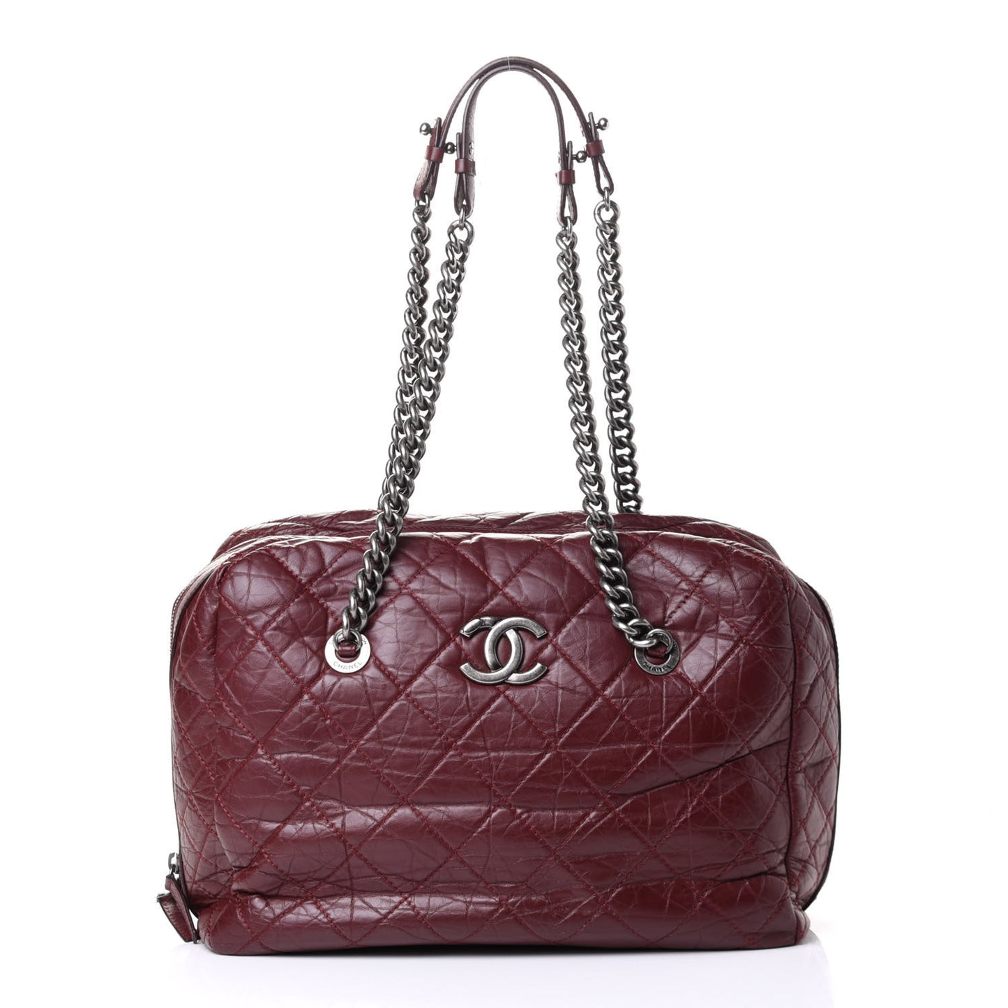 Aged Calfskin Quilted Large Secret Tag Bowling Bag Burgundy