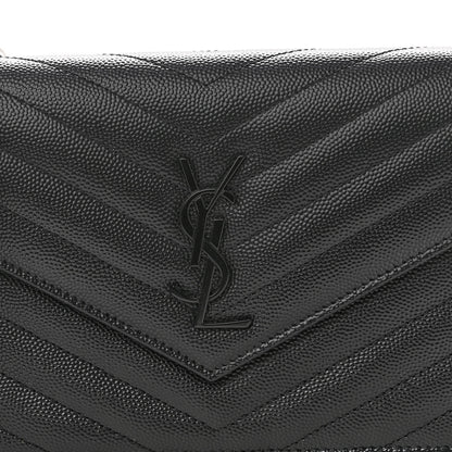 Saint Laurent Grain De Poudre Matelasse Chevron Monogram Monochrome Envelope Chain Wallet Black 7 of 9