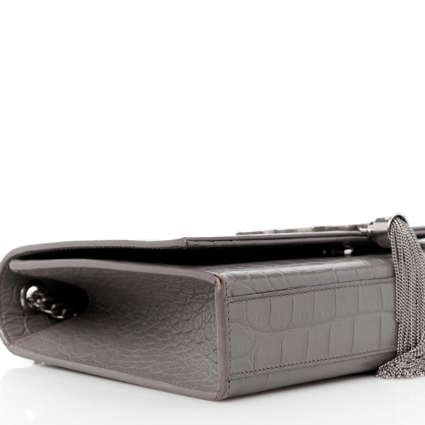 SAINT LAURENT Calfskin Crocodile Embossed Medium Classic Monogram Kate Tassel Satchel Fog