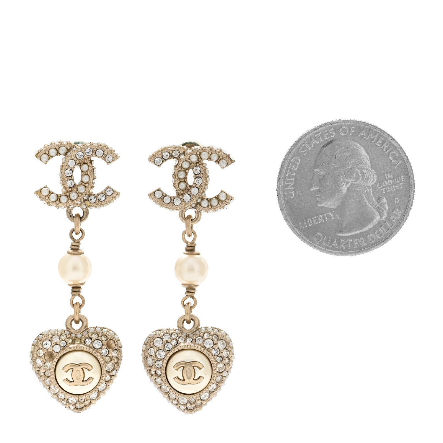 Chanel Pearl Crystal CC Heart Drop Earrings Gold White 2 of 5