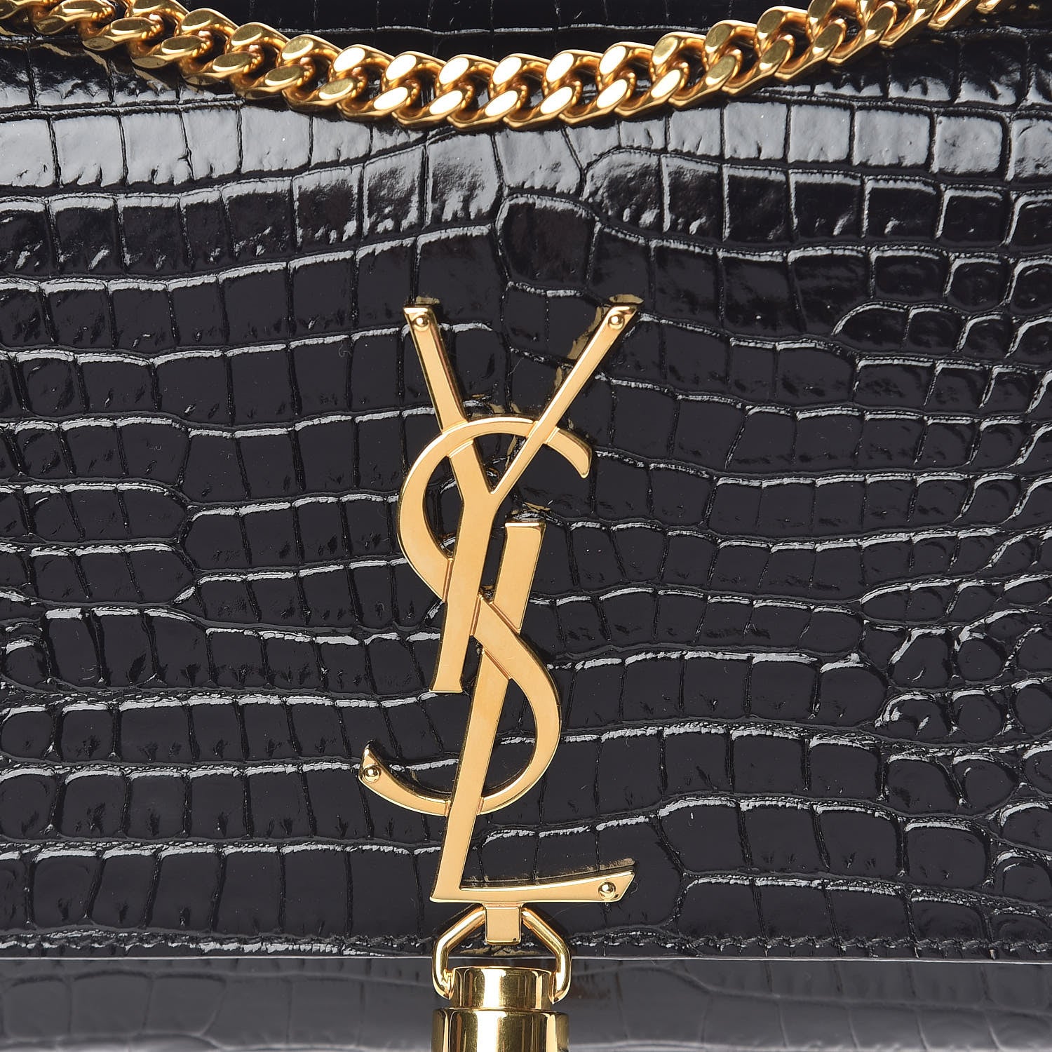 Saint Laurent Calfskin Crocodile Embossed Small Classic Monogram Kate Tassel Satchel Black 10 of 10