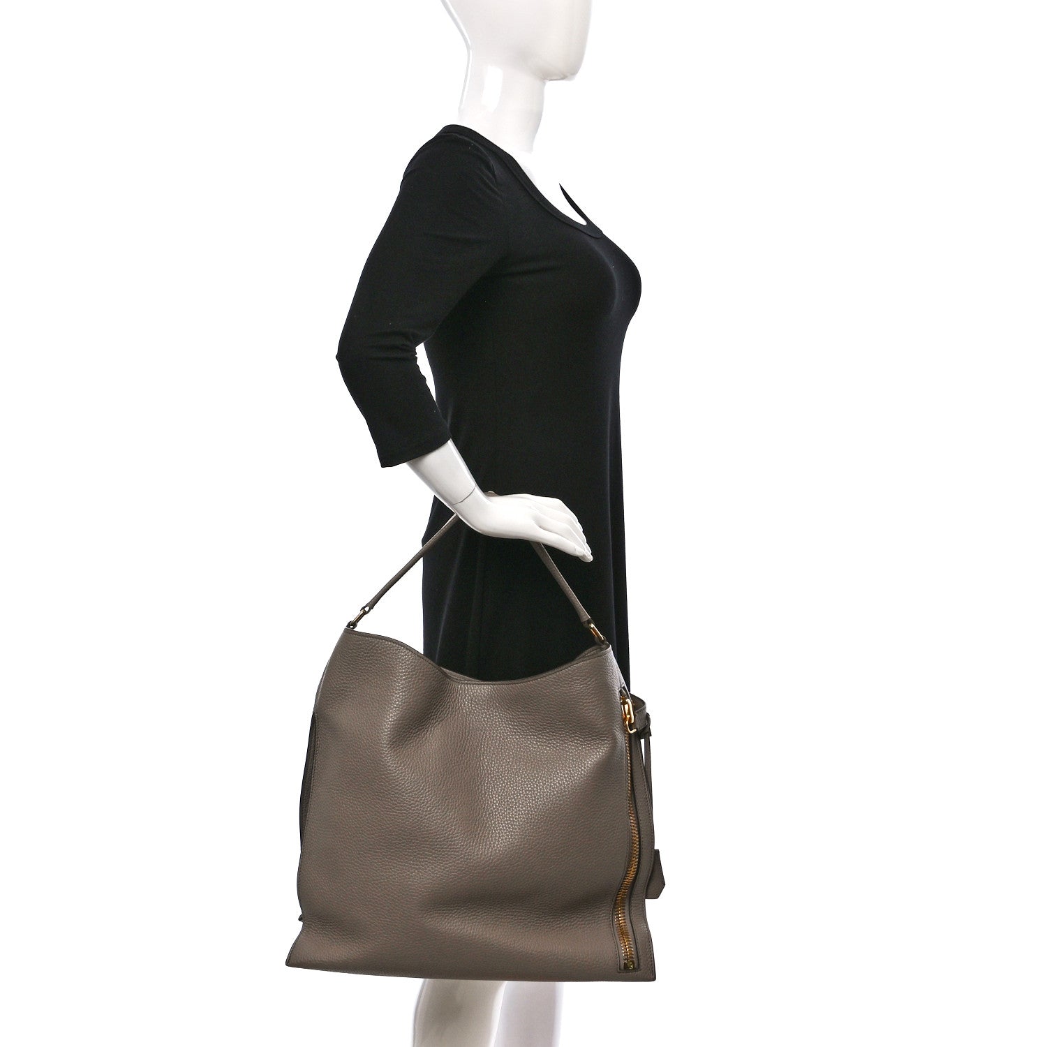 Tom Ford Pebbled Calfskin Large Alix Padlock Zip Hobo Bag Taupe 2 of 11