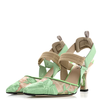 Fendi Mesh Vitello Floral Embroidered Colibri Lite 85mm Slingback Pumps 37 Edamame 4 of 10