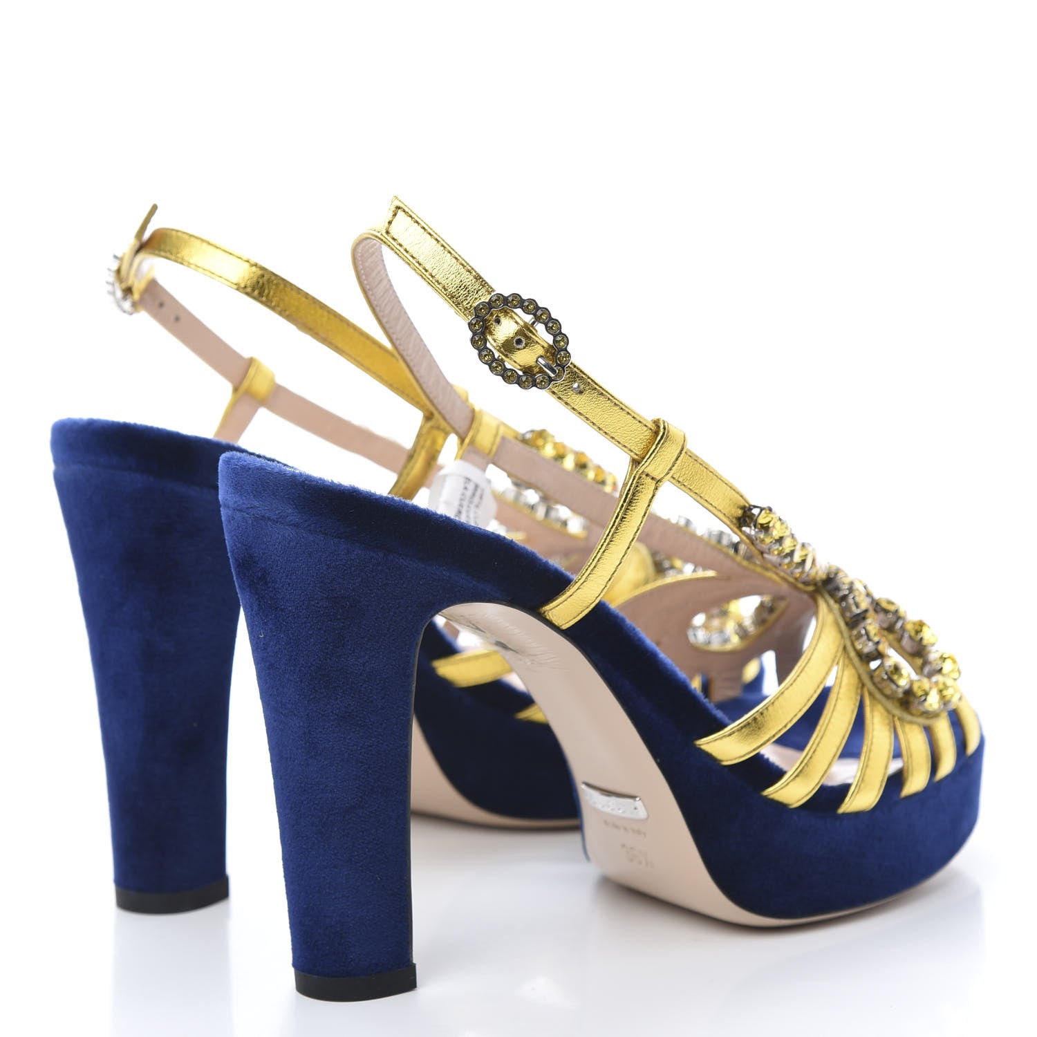 Gucci Velvet Nappa Crystal Zephyra Slingback Platform High Heel Sandals 36.5 Blue Gold 4 of 10