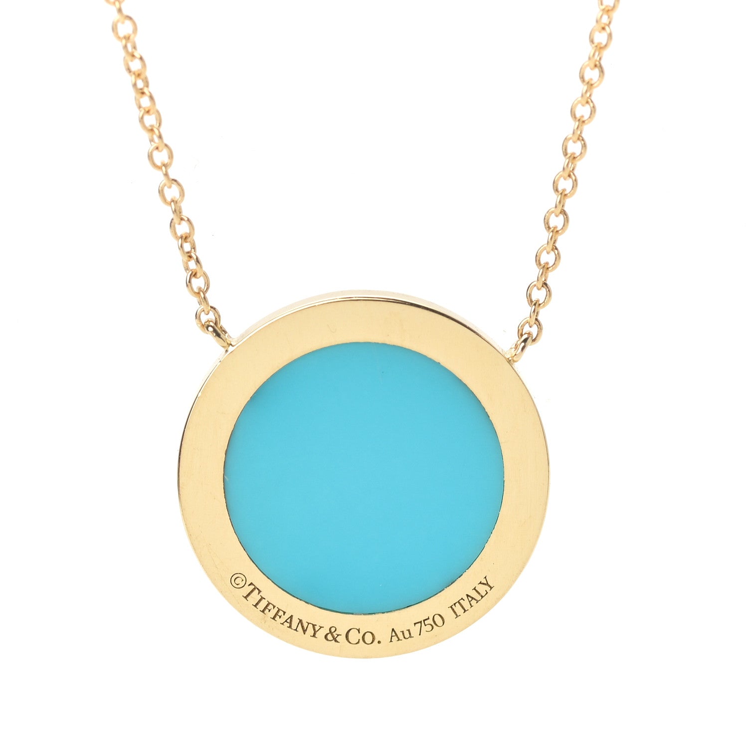 Tiffany 18K Yellow Gold Diamond Turquoise T Circle Pendant Necklace 4 of 7
