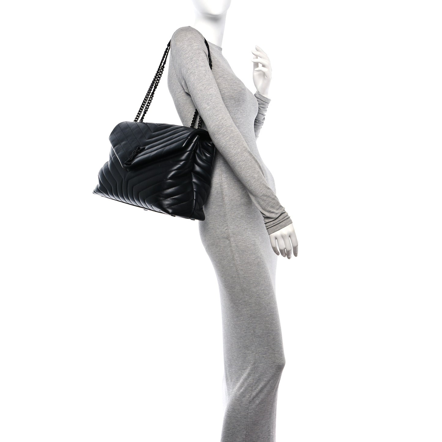 Calfskin Y Quilted Monogram Monochrome Large Loulou Chain Satchel Black