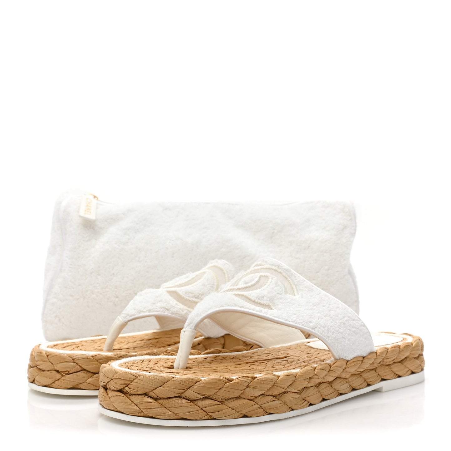 Terry Cloth Raffia CC Logo Thong Sandals 38 White