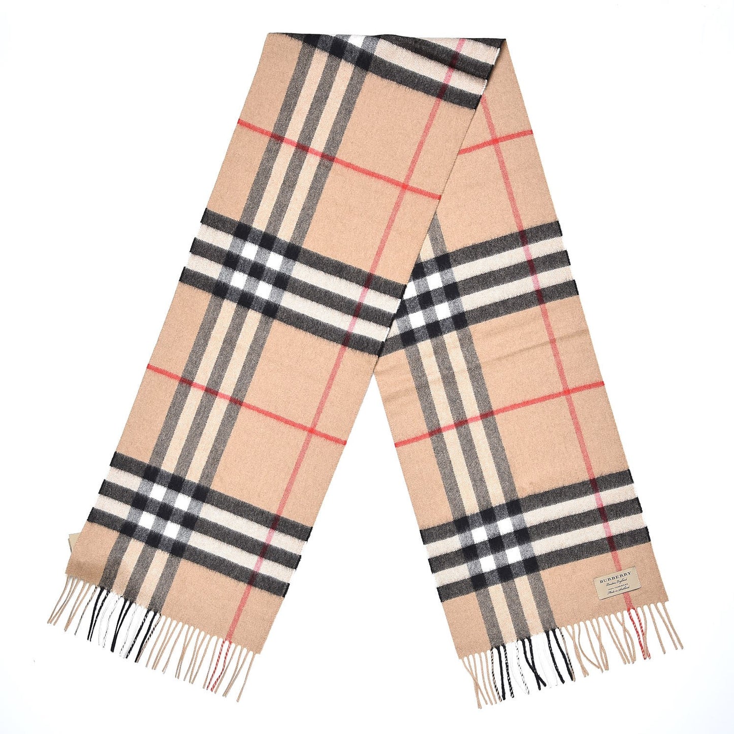 Cashmere Giant Check Fringe Scarf Camel