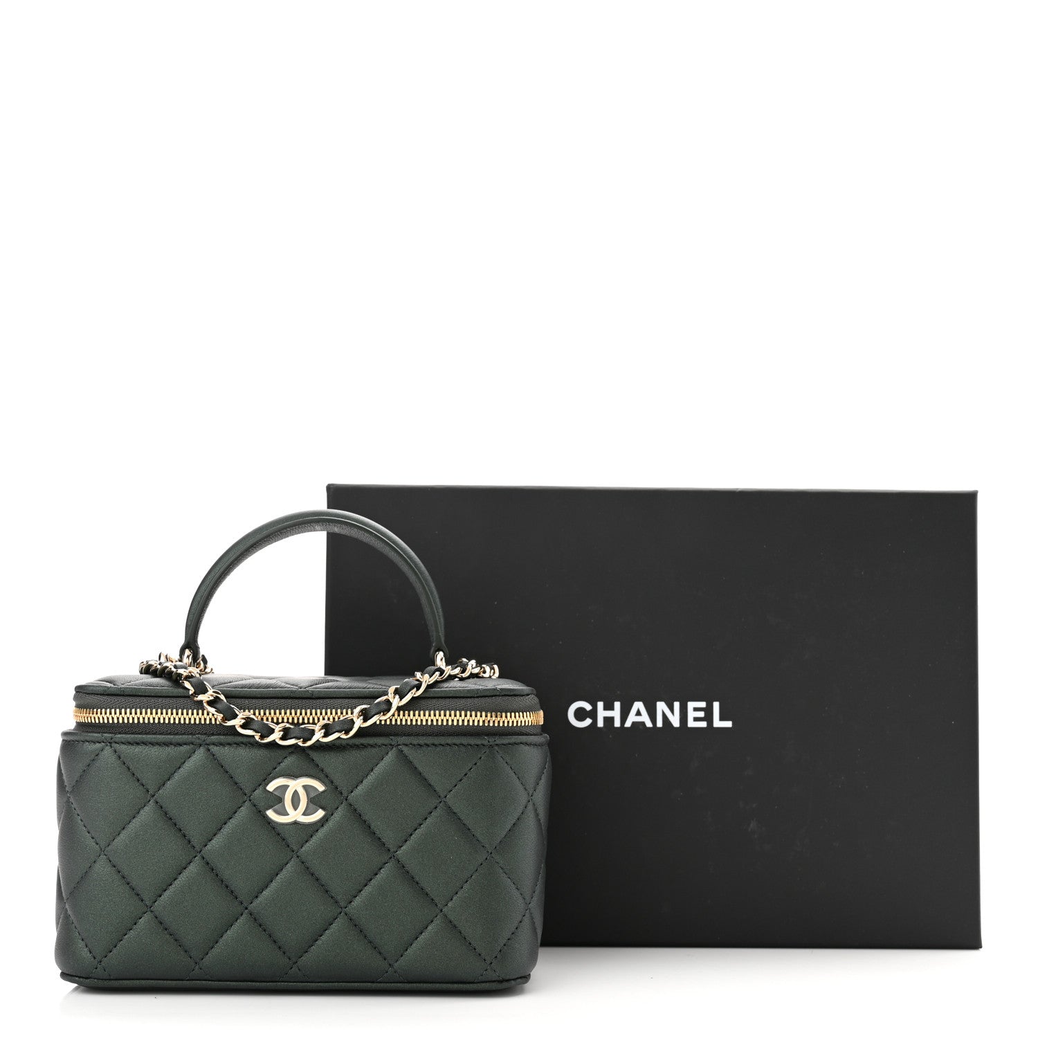 Chanel Iridescent Lambskin Quilted Small Top Handle Vanity Case With Chain Dark Green 11 of 11