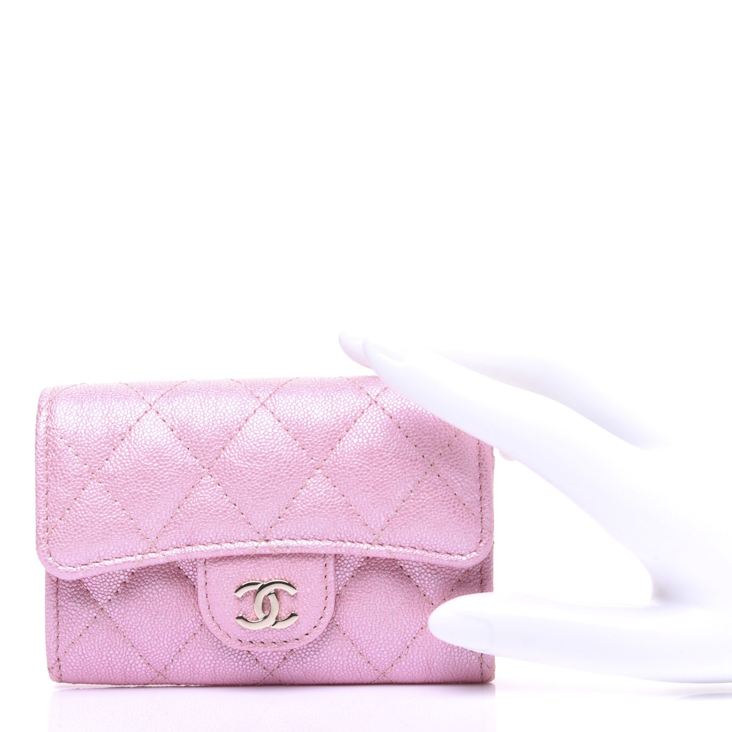 Iridescent Caviar Quilted Flap Card Holder Rose Pink