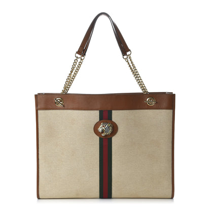 Gucci Vintage Canvas Calfskin Web Large Rajah Chain Tote Sand Light Cuir 1 of 10