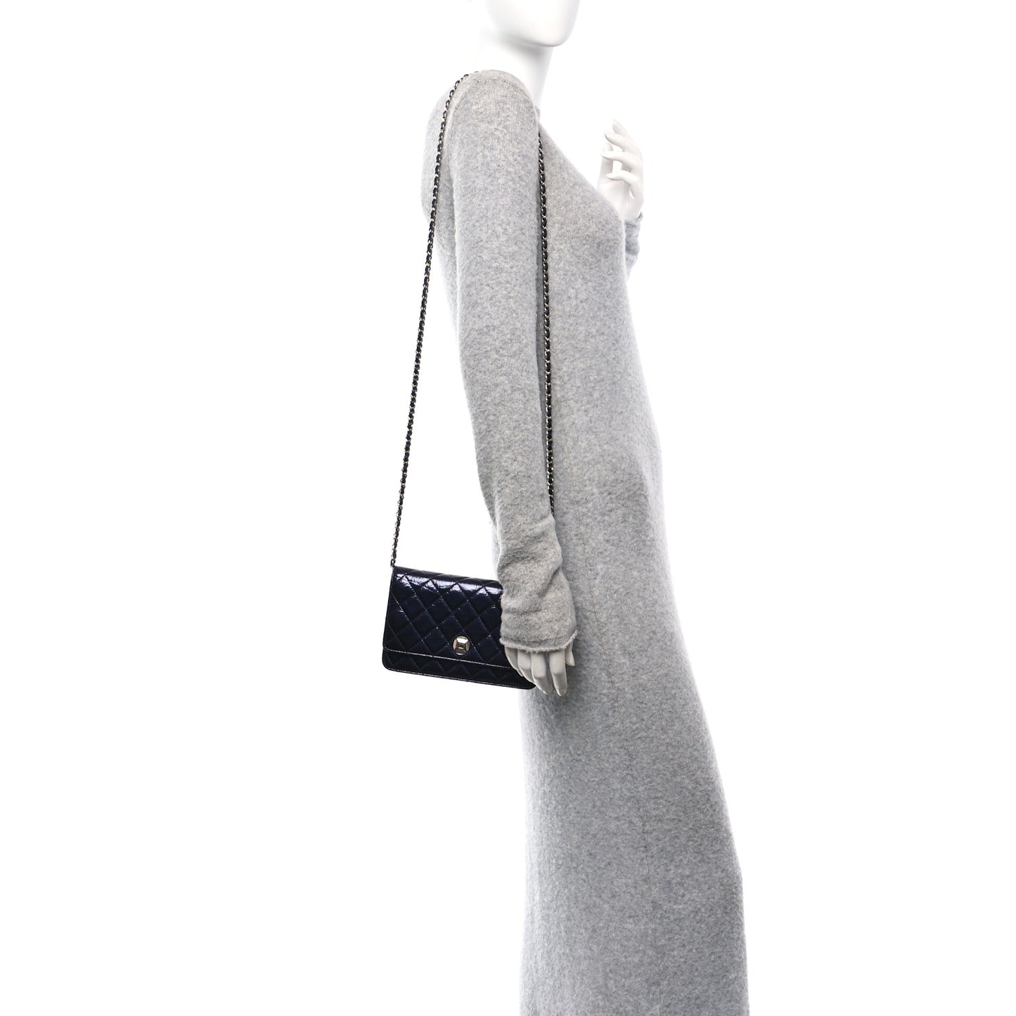 Patent Metallic Crumpled Calfskin Quilted Wallet On Chain WOC Navy